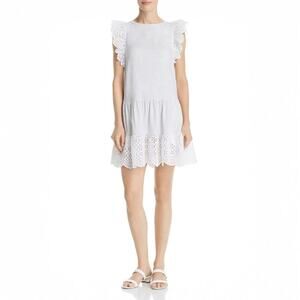 La Vie Rebecca Taylor Agatha Eyelet Trim Jersey Mini Dress Grey White Small